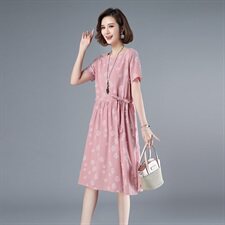 2021年夏季中长款通勤印花圆领A字裙40-49周岁韩版纯棉圆点裙子，女装连衣裙，伊满意