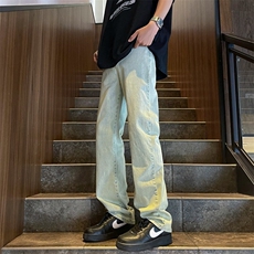牛仔裤男vibe风泛黄泥染宽松直筒牛仔潮显瘦休闲学生裤NK440，男装牛仔裤，星座1116A-1（原606A）