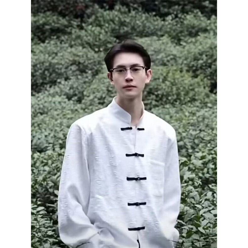C295新中式风盘扣衬衫长袖感痞帅唐装外套设计感小众免烫衬衣,男装衬衫,星座308A-1（原309B-1）