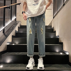 2024夏季美式高街新款弹力修身破洞牛仔裤，男装牛仔裤，电商A409-1