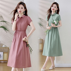 高级棉麻衬衫连衣裙女2025夏季新款气质妈妈纯色收腰纯棉长款裙子，女装连衣裙，鑫思依格