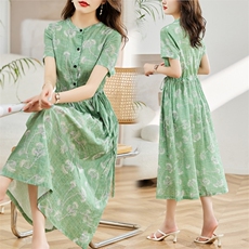 小清新碎花棉麻风连衣裙女2025夏季新款收腰显瘦气质减龄短袖裙子，女装连衣裙，木橙西子