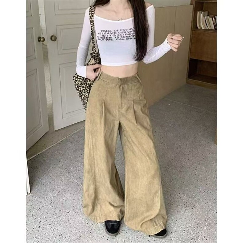 美式复古做旧水洗卡其色牛仔裤女秋季宽松显瘦设计感阔腿拖地长裤图片