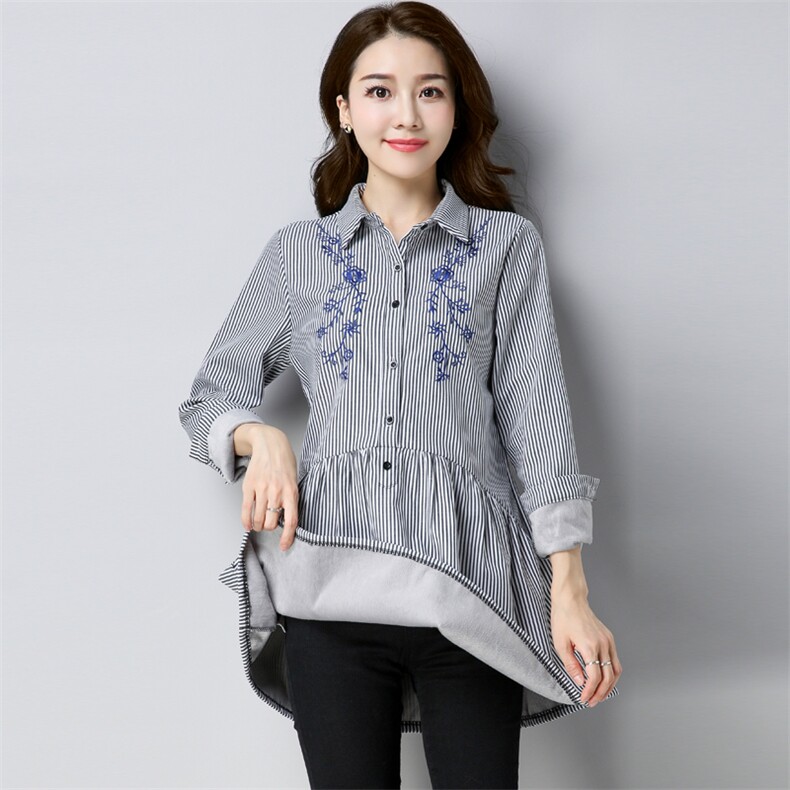 2024秋冬季绣花加绒保暖衬衫POLO领套头休闲气质排扣中长款，女装衬衫，板酷