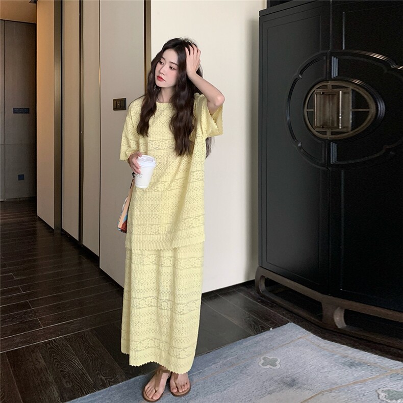黄色慵懒风蕾丝裙女2025年夏季新款时髦洋气减龄半身裙,女装套装/套裙,2C209