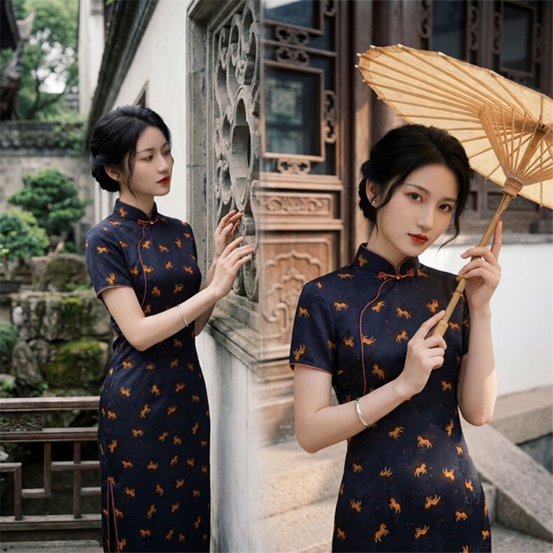 夏季新品时尚气质金丝提花香云纱品质真丝喜庆中长款旗袍裙,女装汉服/婚纱/旗袍/礼服,媚琳依坊