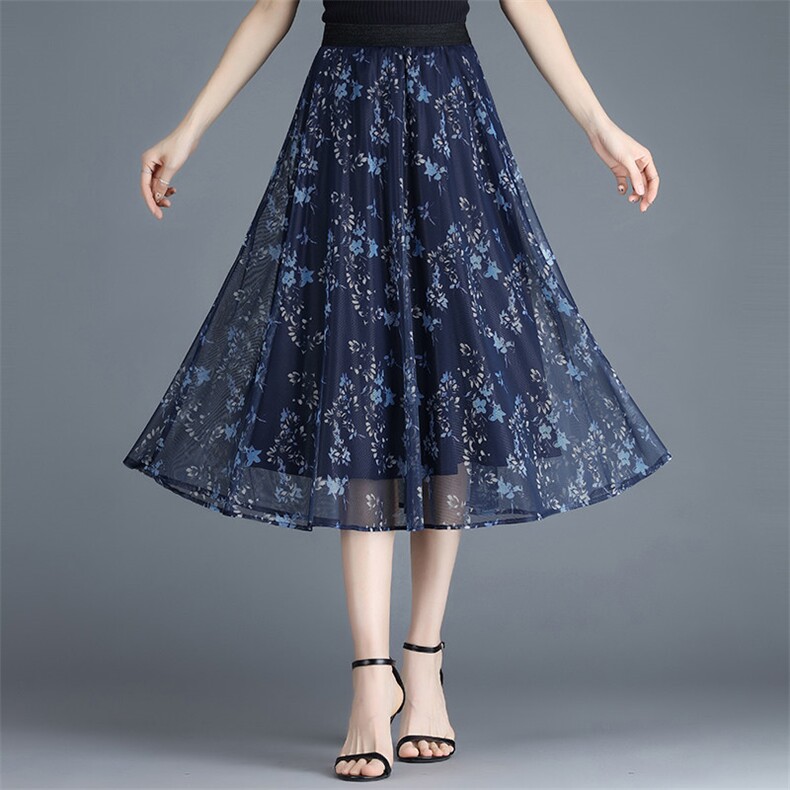 印花半身裙女2025夏季新款高腰a字百褶裙中长款显瘦气质网纱裙，女装半身裙，灵动羽绒服工厂