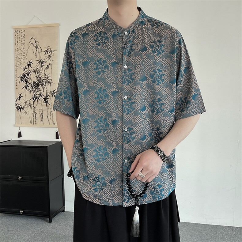 新中式立领风潮T恤短袖高品质上衣刺绣时尚提花T2402-P58,男装T恤,电商A227