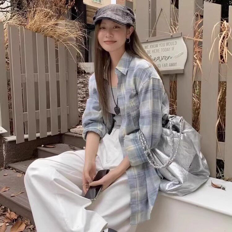 韩系慵懒风格子衬衫女大码中长款休闲外套上衣设计感长袖空调衫夏图片