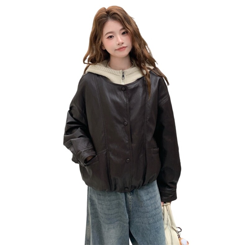 韩版针织连帽假两件短款羽绒服女2025冬装保暖皮衣夹克外套上衣潮,女装皮衣,艾米莉亚