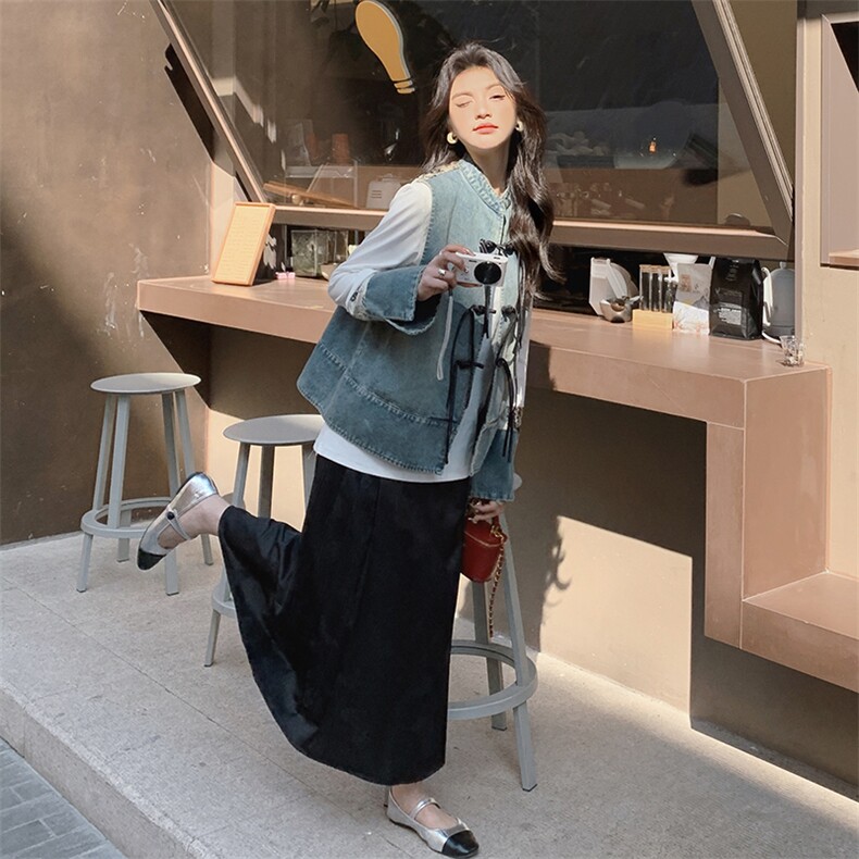国风盘扣新中式牛仔马甲女2025春新款气质复古衬衫马夹,女装短外套,浙宝220