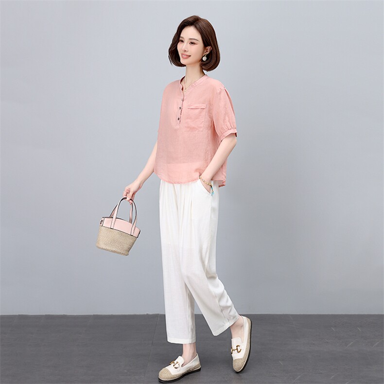 薄款棉麻休闲套装女夏季2025新款中年妈妈时尚洋气亚麻衬衫两件套,女装套装/套裙,凝聚力