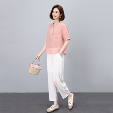 薄款棉麻休闲套装女夏季2025新款中年妈妈时尚洋气亚麻衬衫两件套，女装套装/套裙，凝聚力