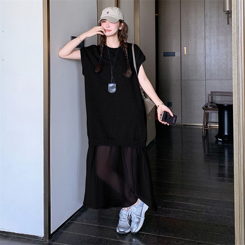 灰色针织拼接连衣裙女夏季新款设计感休闲显瘦百搭别致长裙卫衣裙,女装连衣裙,浙宝305