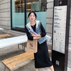 复古休闲连帽牛仔马甲黑色T恤连衣裙套装女春秋2025新款减龄裙子，女装套装/套裙，2C126