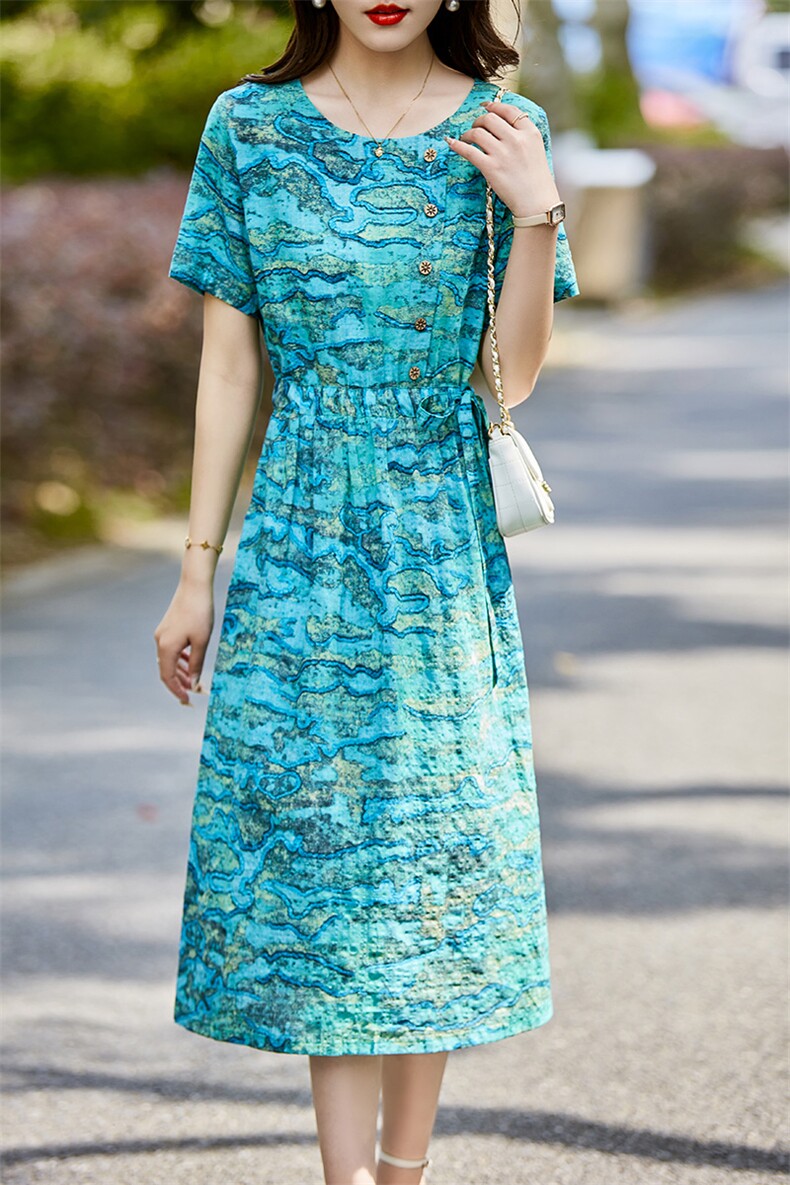 碎花连衣裙女2025夏季新款韩式显瘦棉麻风中年妈妈小个子复古裙子,女装连衣裙,天丽