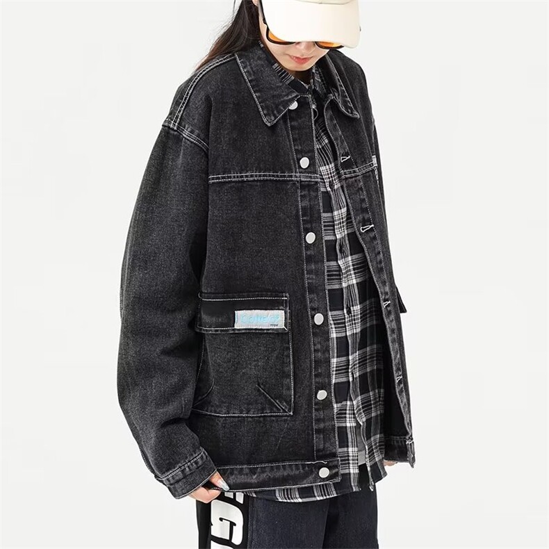 春款男女牛仔夹克工装口袋中性风字母贴标外套大码M-4XLJK5P60,男装夹克,星座1013-1