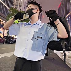 S81/P48控68夏季社会小伙设计感拼接牛仔短袖衬衫男浅蓝首1，男装衬衫，星座305B