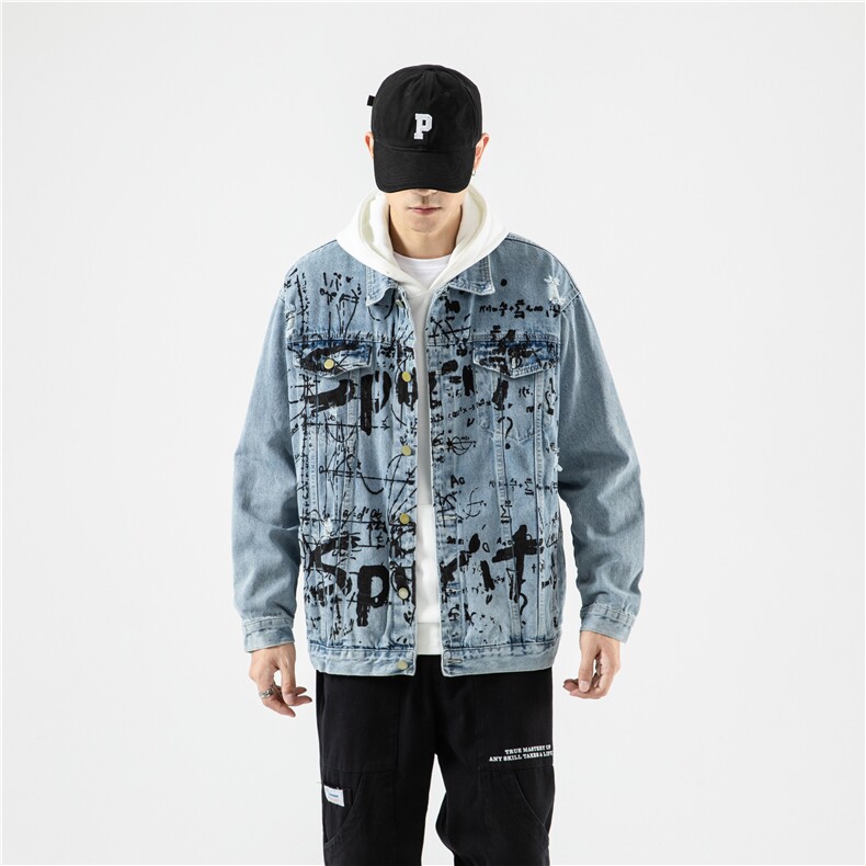 JK823-p80 M-5X无影墙ins牛仔夹克绣花破洞大码男日系CITYBOY图片