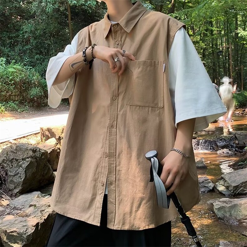 假两件衬衫男短袖夏季薄款痞帅复古潮牌宽松工装衬衣外套RC85-p40,男装T恤,星座1008