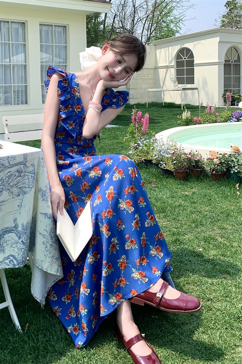 时髦前后两穿碎花小飞袖连衣裙女2025夏季休闲蓝色荷叶边拼接长裙,女装连衣裙,千寻