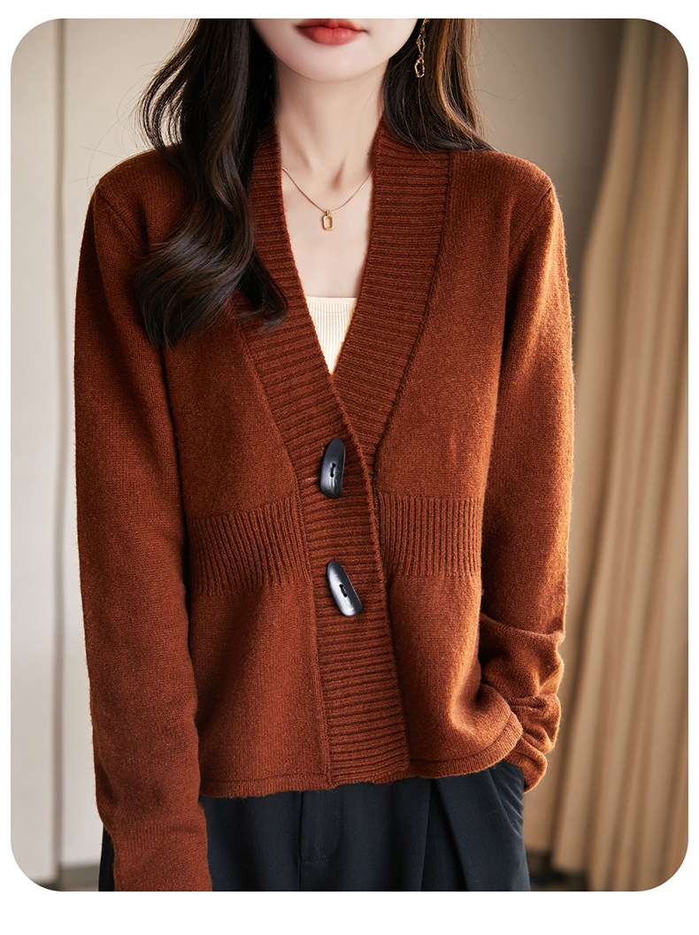2025秋冬新款舒适百搭简约软糯时尚v领双扣长袖开衫，女装针织衫/毛衣，美雪羊绒