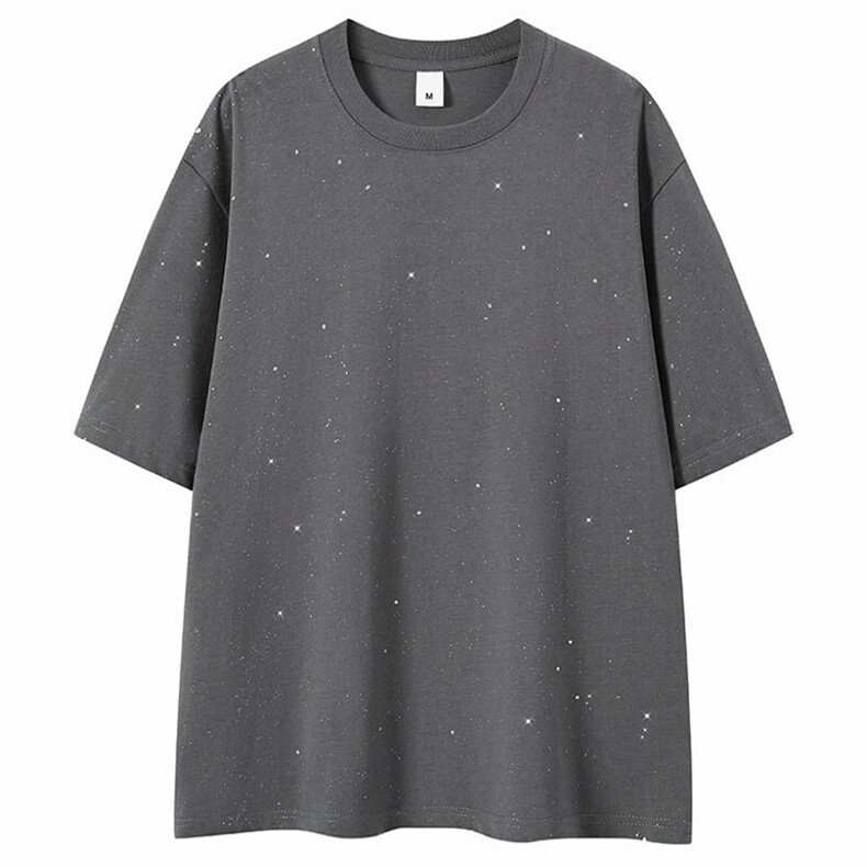 抖音得物高品质二开230克美式高街宽松纯棉满天星亮片短袖T恤P17,男装T恤,电商A486-1