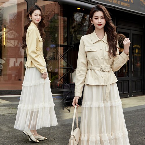 现货2026年春季新款女时尚潮流优雅风小外套皮衣蕾丝半身裙两件套，女装套装/套裙，奋斗女王