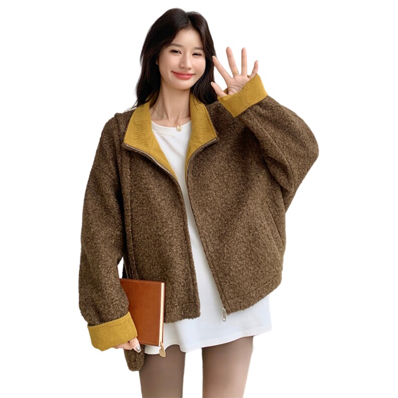 美拉德撞色羊羔毛外套女秋冬2025新款设计小个子气质巨好看棉服，女装毛呢外套，2C159