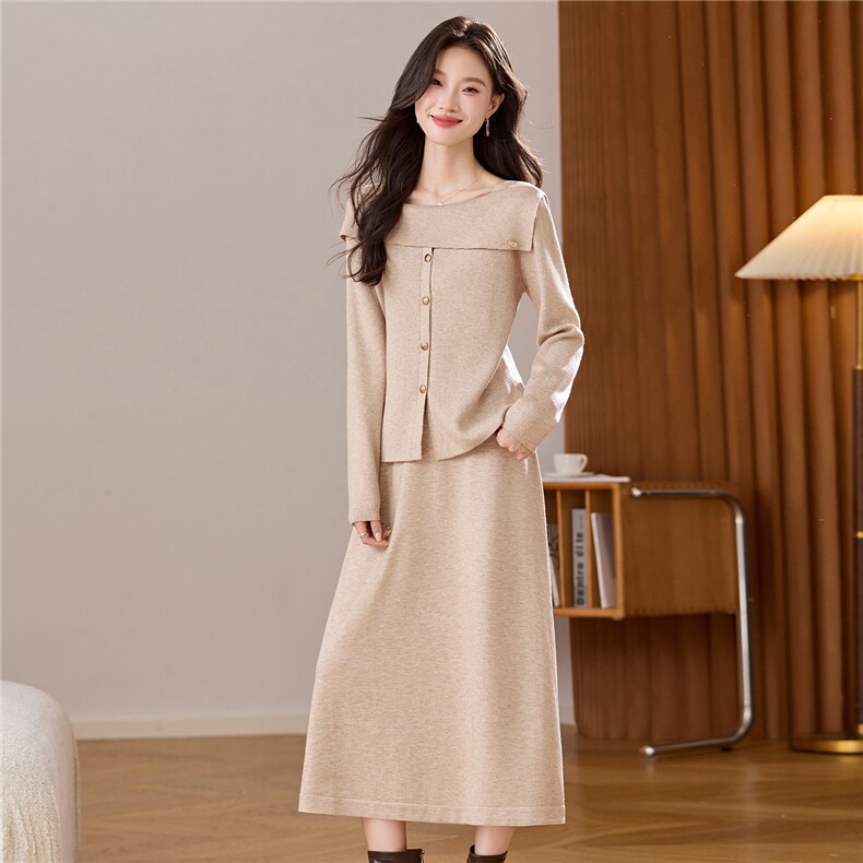 法式优雅风一字肩针织衫半身裙套装女秋冬新款气质显瘦毛衣两件套，女装羊毛衫，艾米