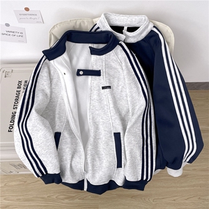 加绒加厚运动夹克男三条杠开衫卫衣棒球服外套JK004-P45加绒P50
