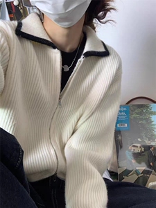 时尚百搭秋季新款小香风拼色拉链针织开衫简约休闲宽松显瘦羊毛衫图片