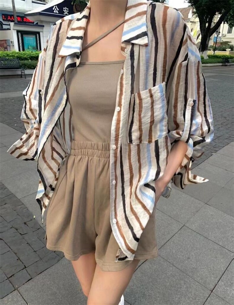 夏季新款欧洲站洋气彩色条纹时尚衬衫,女装衬衫,L·H·X