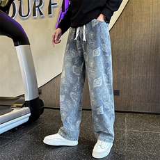 秋冬加绒牛仔裤男士个性树叶印花直筒牛仔弯刀裤潮901N50加绒P68，男装牛仔裤，星座901