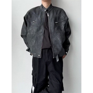 废土风重工PU皮衣夹克春做旧高级感美式街头短款外套男W6499-P92图片