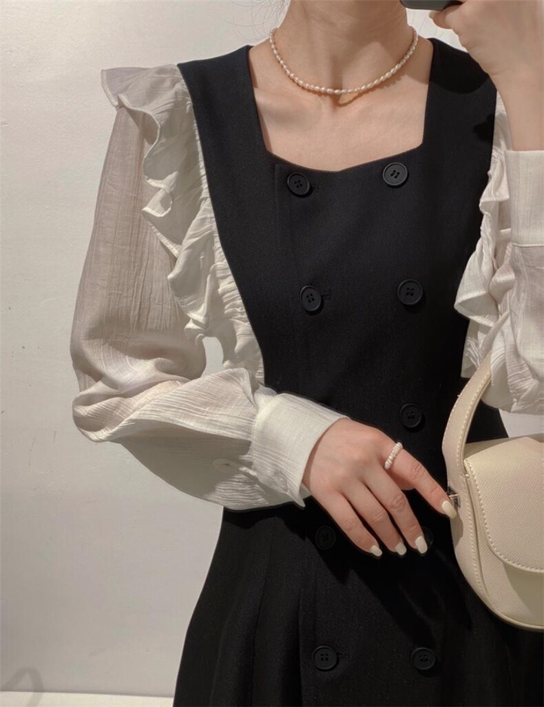 双排扣拼接连衣裙，女装连衣裙，驿谷