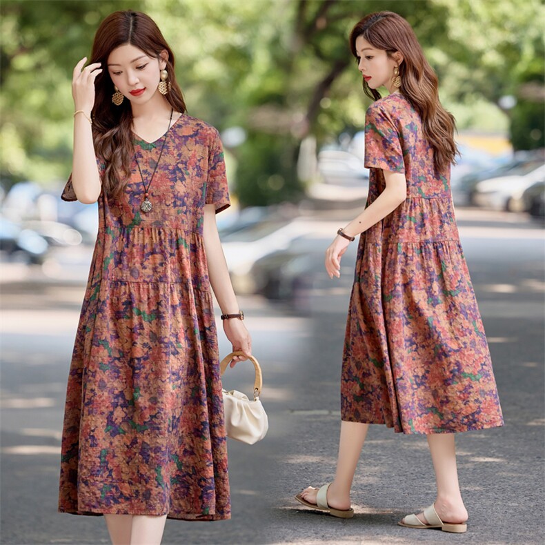 时尚休闲印花棉麻短袖连衣裙女2025夏新款简约宽松复古文艺风裙子，女装连衣裙，依万里
