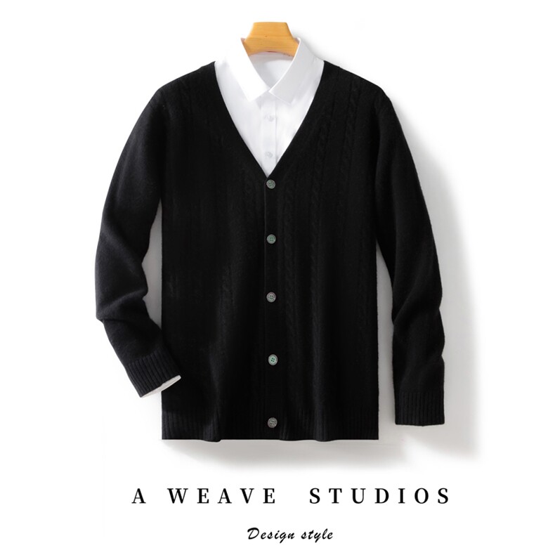 2024年秋冬季澳洲羊毛加厚V领绞花开衫，男装羊毛衫，忠诺羊绒