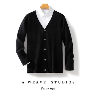 2024年秋冬季澳洲羊毛加厚V领绞花开衫,男装羊毛衫,忠诺羊绒