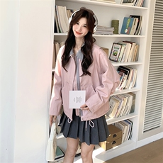 粉色学院风工装外套女2025春季新款设计感小众减龄小个子翻领上衣，女装短外套，维壹