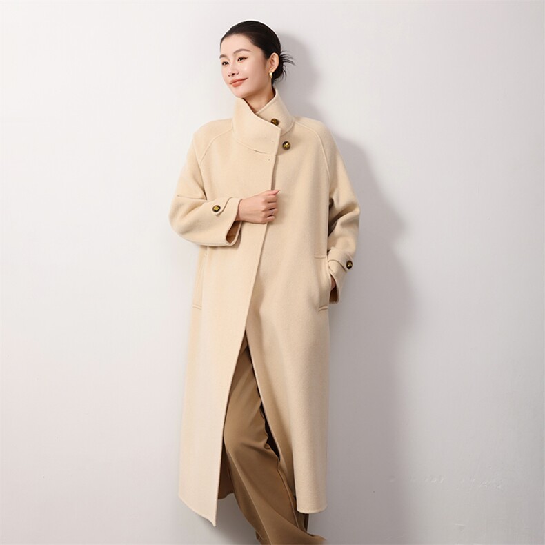 2024秋冬新款双面羊绒大衣女立领系带赫本风高级感毛呢外套中长款，女装双面呢大衣，岳达羊绒