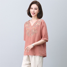 苎麻衬衫女夏短袖2023新款时尚洋气V领刺绣衬衣年轻妈妈薄款上衣，女装T恤，忆绮罗