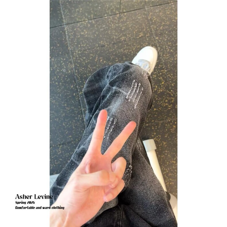 水洗做旧褶皱阔腿牛仔裤男vibe美式美式高街小众宽松休闲直筒裤子图片