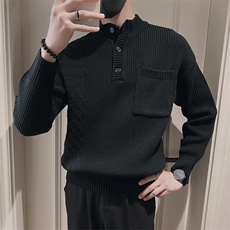MY38/特P95控135冬季日系亨利领半纽扣针织衫套头口袋毛衣男黑首1，男装针织衫/毛衣，星座305B