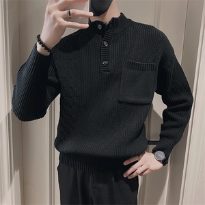 MY38/特P95控135冬季日系亨利领半纽扣针织衫套头口袋毛衣男黑首1图片