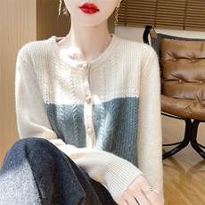 时尚撞色羊绒开衫女秋冬季新款显瘦百搭长袖针织衫外套，女装羊绒衫，科源羊绒