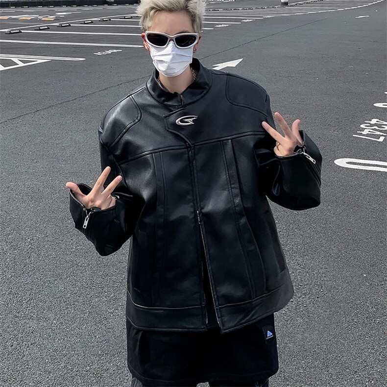 立领高级感机车皮衣男春秋短款垫肩夹克宽松飞行外套潮牌Y158/P85,男装夹克,星座506
