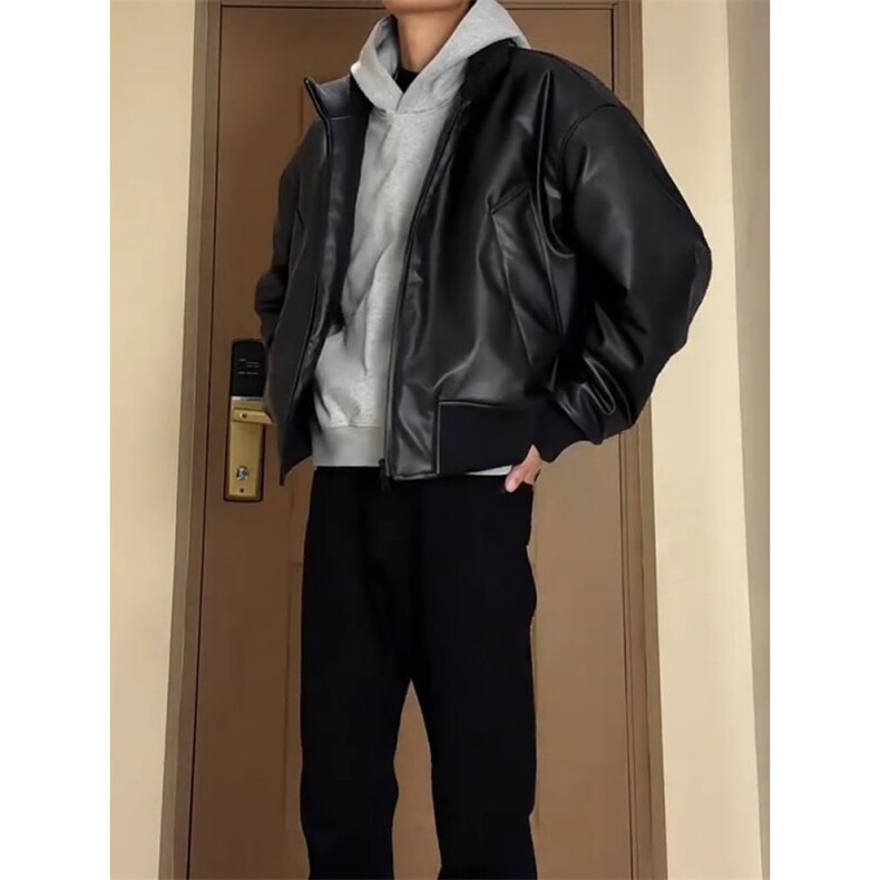 美式高街皮衣棉服cleanfit短宽廓形夹棉立领机车外套M0602-P90,男装皮衣,星座308B-2