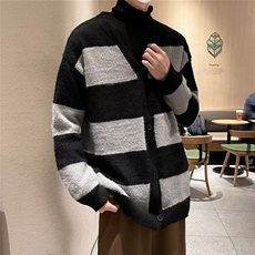 秋冬季软糯厚实毛衣男开衫日系宽松条纹毛衫针织衫外套MZ368-P59，男装针织衫/毛衣，星座412