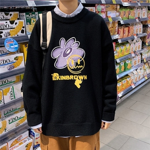 1港风新款宽松休闲中性情侣潮流印花毛衣男外套7676P48加绒P55图片